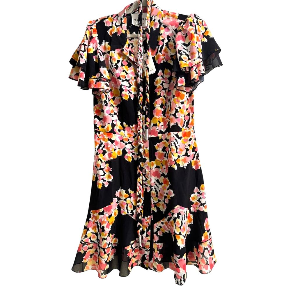 DYVNA NEW Silk Floral Tiered Shirt Dress Pink Black Ruffle Sleeve Belted Size 16